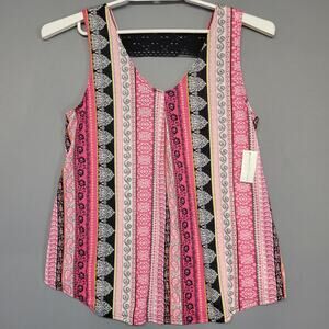 Bobbie Brooks Boho Tank Top Womens Large Pink Black Soft Floral Sleeveless Tunic